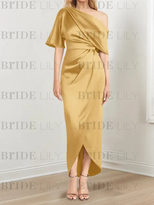 Gold mother of the bride satin dress with draped shoulder and knot