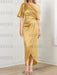 Gold mother of the bride satin dress with draped shoulder and knot
