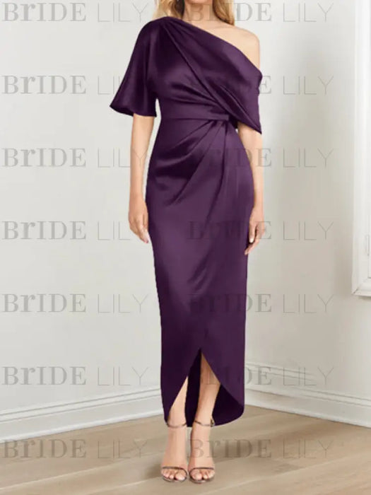 Grape mother of the bride satin dress with draped shoulder and knot