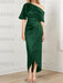 Hunter Green mother of the bride satin dress with draped shoulder and knot