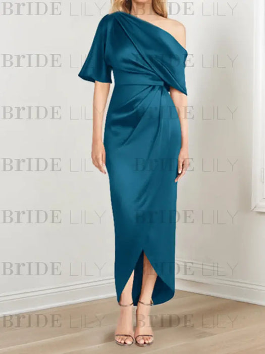 Ink Blue mother of the bride satin dress with draped shoulder and knot