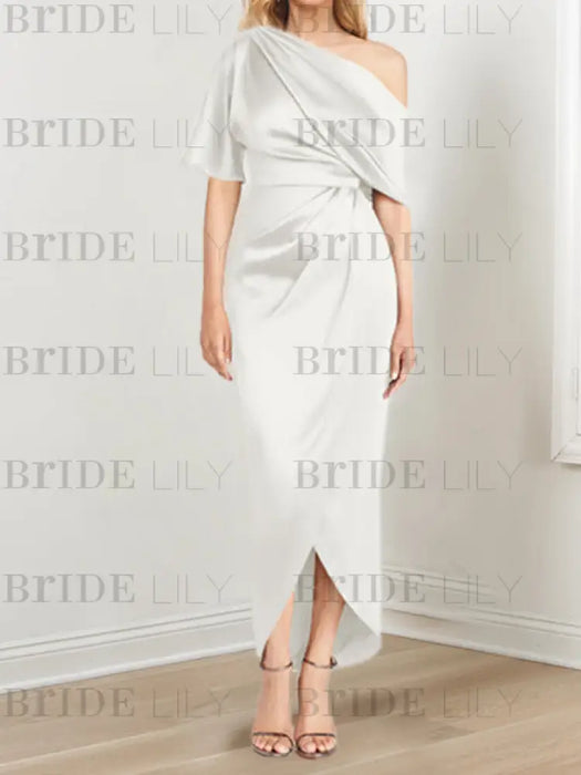 Ivory mother of the bride satin dress with draped shoulder and knot