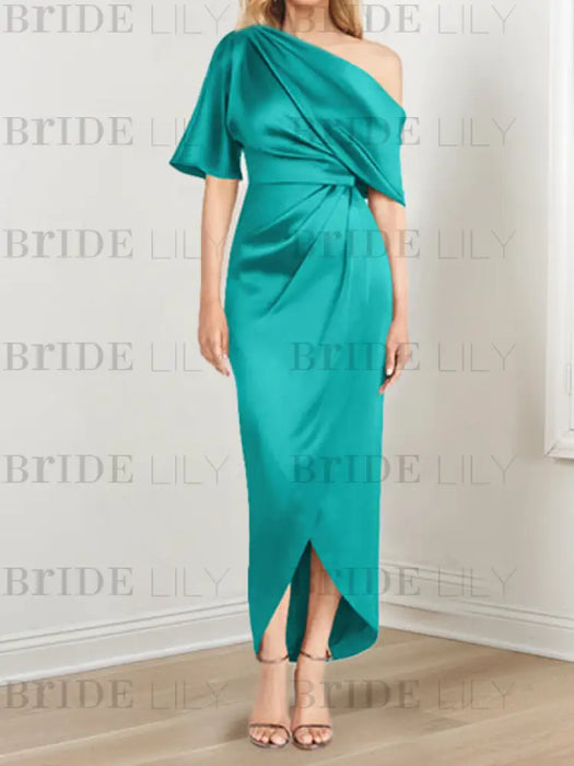 Jade mother of the bride satin dress with draped shoulder and knot