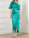 Jade mother of the bride satin dress with draped shoulder and knot