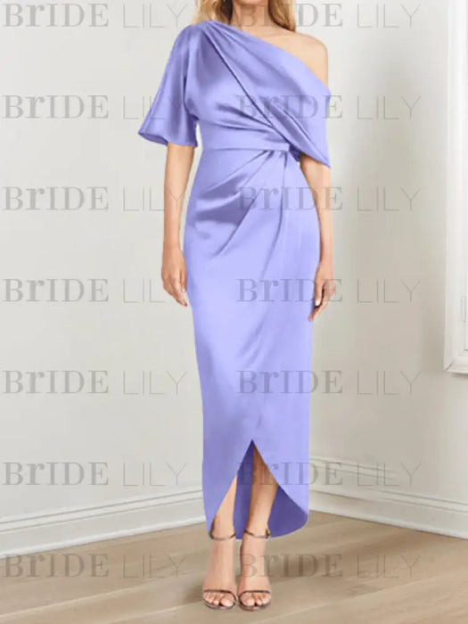 Lavender mother of the bride satin dress with draped shoulder and knot