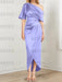 Lavender mother of the bride satin dress with draped shoulder and knot