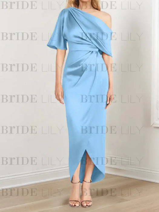 Light Blue mother of the bride satin dress with draped shoulder and knot