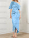 Light Blue mother of the bride satin dress with draped shoulder and knot
