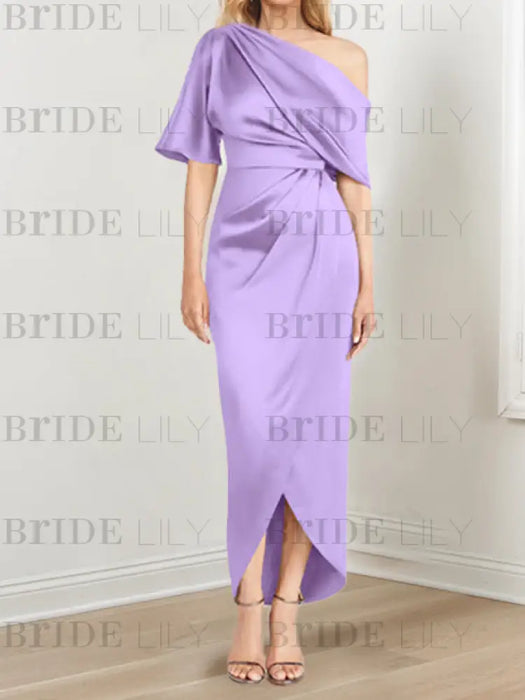 Lilac mother of the bride satin dress with draped shoulder and knot