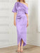 Lilac mother of the bride satin dress with draped shoulder and knot