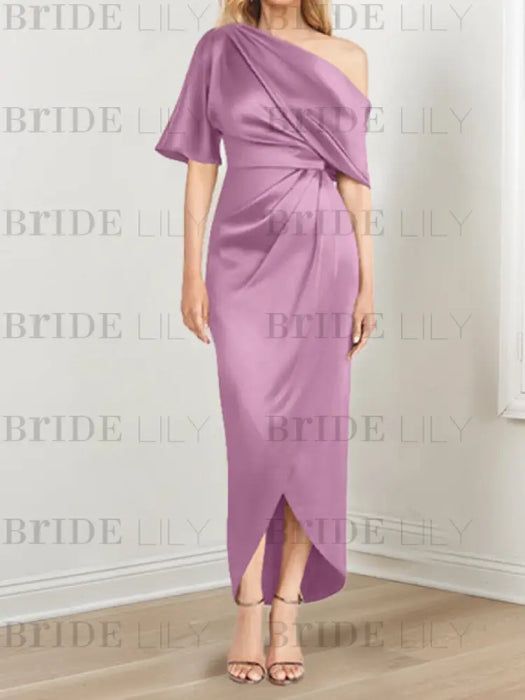 Mauve mother of the bride satin dress with draped shoulder and knot