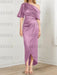 Mauve mother of the bride satin dress with draped shoulder and knot