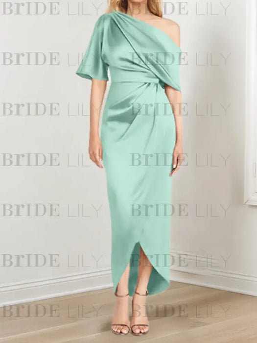 Mint Green mother of the bride satin dress with draped shoulder and knot