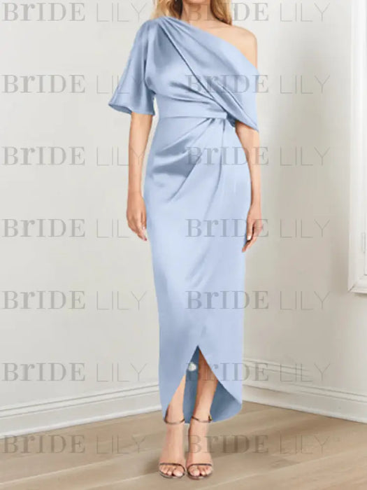 Mist mother of the bride satin dress with draped shoulder and knot