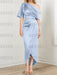 Mist mother of the bride satin dress with draped shoulder and knot