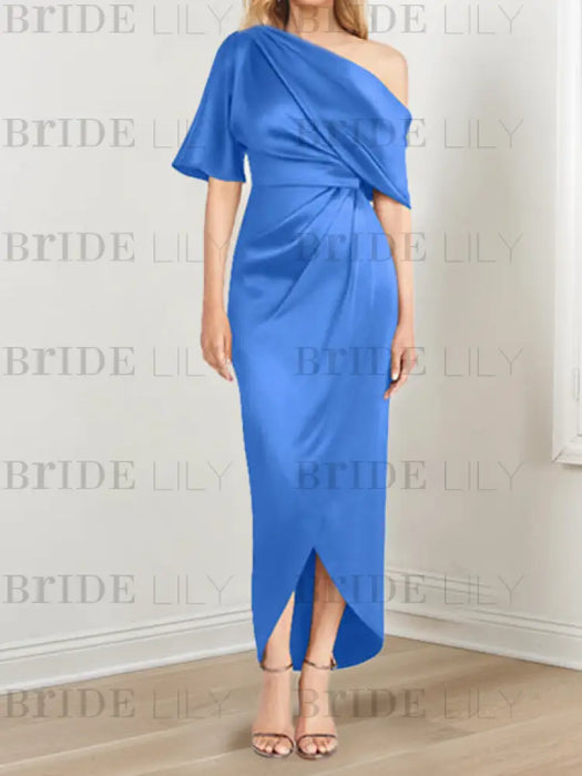 Ocean Blue mother of the bride satin dress with draped shoulder and knot
