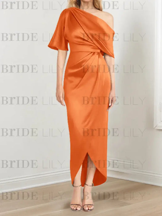 Orange mother of the bride satin dress with draped shoulder and knot