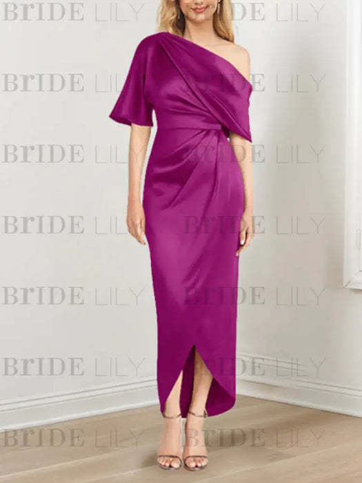 Orchid mother of the bride satin dress with draped shoulder and knot
