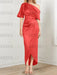 Papaya mother of the bride satin dress with draped shoulder and knot