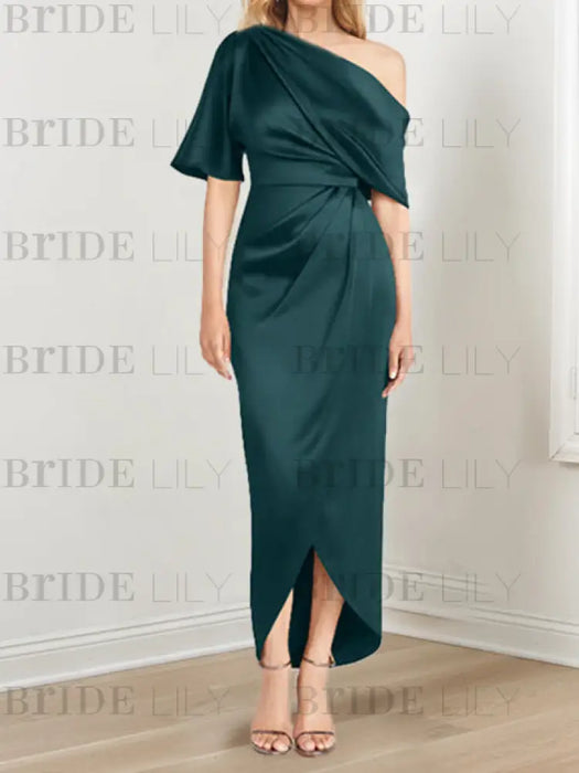 Peacock mother of the bride satin dress with draped shoulder and knot