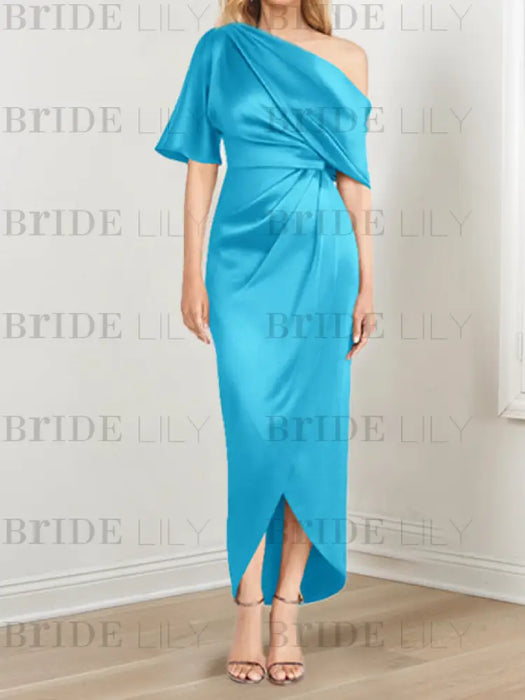 Pool mother of the bride satin dress with draped shoulder and knot