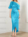 Pool mother of the bride satin dress with draped shoulder and knot