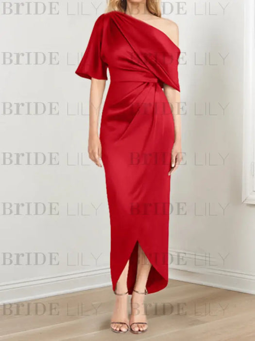 Red mother of the bride satin dress with draped shoulder and knot