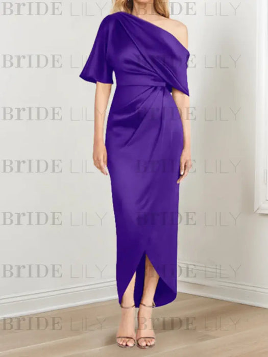 Regency mother of the bride satin dress with draped shoulder and knot