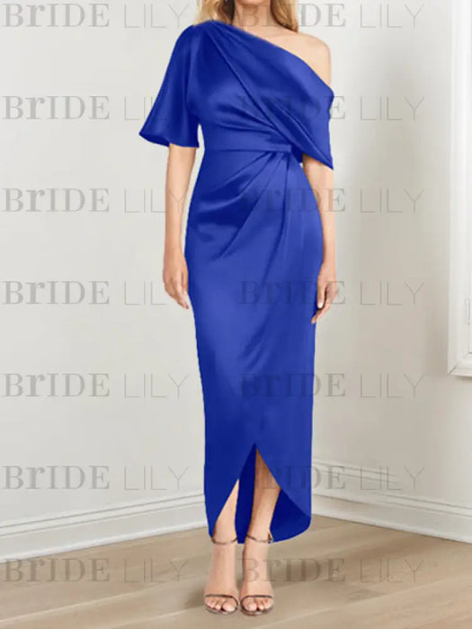 Royal Blue mother of the bride satin dress with draped shoulder and knot