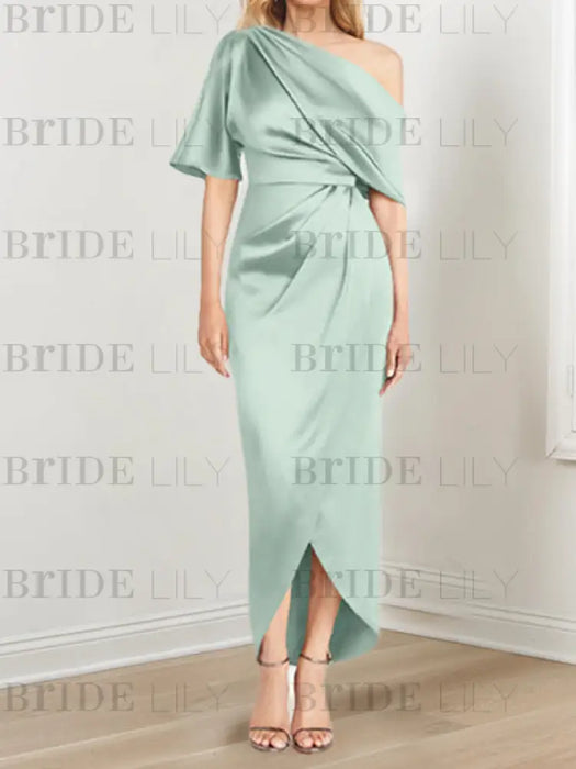 Sage Green mother of the bride satin dress with draped shoulder and knot