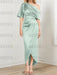 Sage Green mother of the bride satin dress with draped shoulder and knot