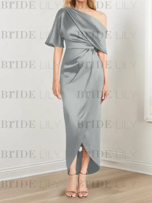 Silver mother of the bride satin dress with draped shoulder and knot