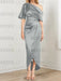 Silver mother of the bride satin dress with draped shoulder and knot
