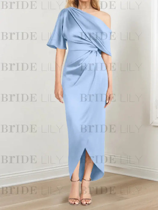 Sky Blue mother of the bride satin dress with draped shoulder and knot