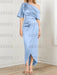 Sky Blue mother of the bride satin dress with draped shoulder and knot