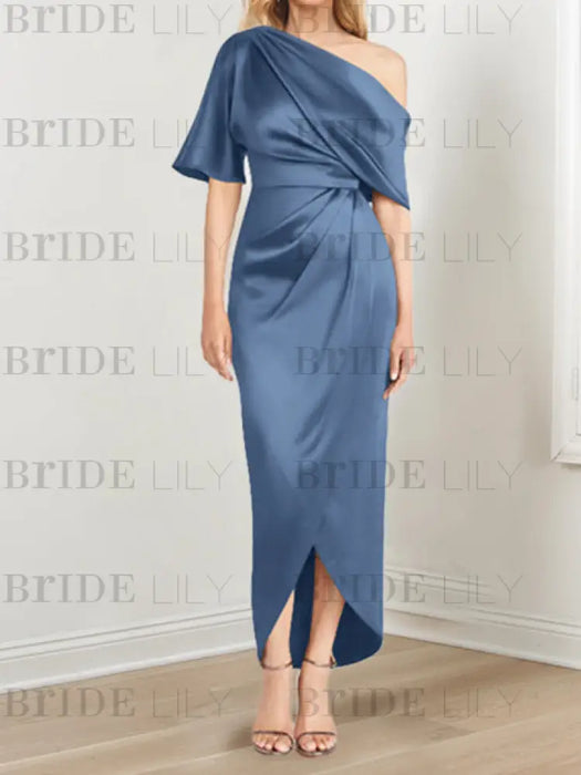 Slate Blue mother of the bride satin dress with draped shoulder and knot