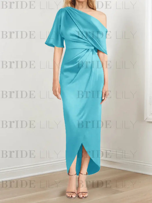 Spa mother of the bride satin dress with draped shoulder and knot