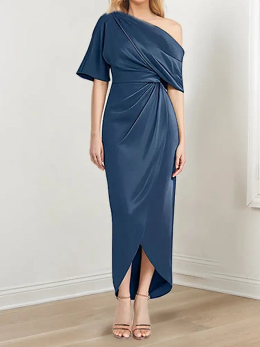Mother of the bride satin dress with draped shoulder in steel blue