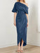 Mother of the bride satin dress with draped shoulder in steel blue