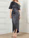 Steel Grey mother of the bride satin dress with draped shoulder and knot