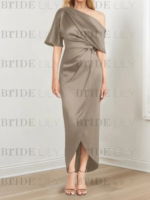 Taupe mother of the bride satin dress with draped shoulder and knot