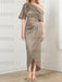 Taupe mother of the bride satin dress with draped shoulder and knot