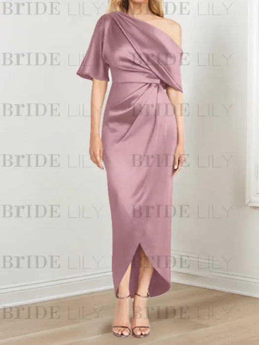 Vintage Mauve mother of the bride satin dress with draped shoulder and knot