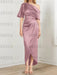 Vintage Mauve mother of the bride satin dress with draped shoulder and knot