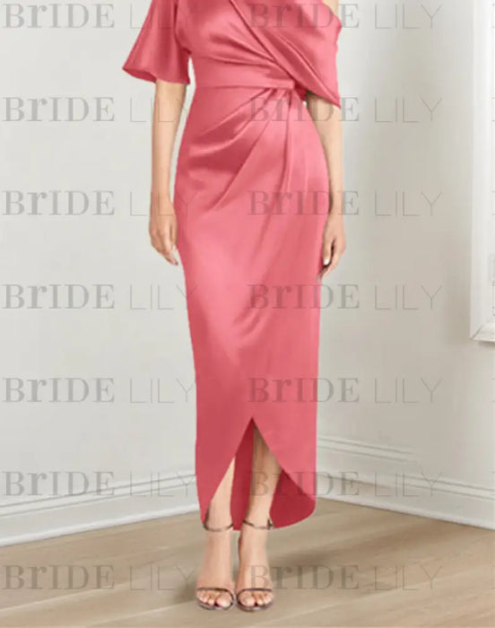 Watermelon mother of the bride satin dress with draped shoulder and knot