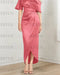 Watermelon mother of the bride satin dress with draped shoulder and knot