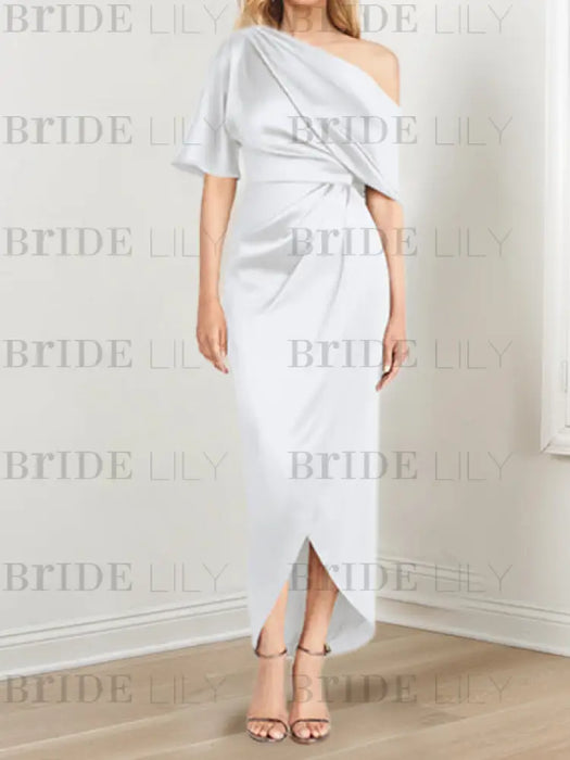 White mother of the bride satin dress with draped shoulder and knot