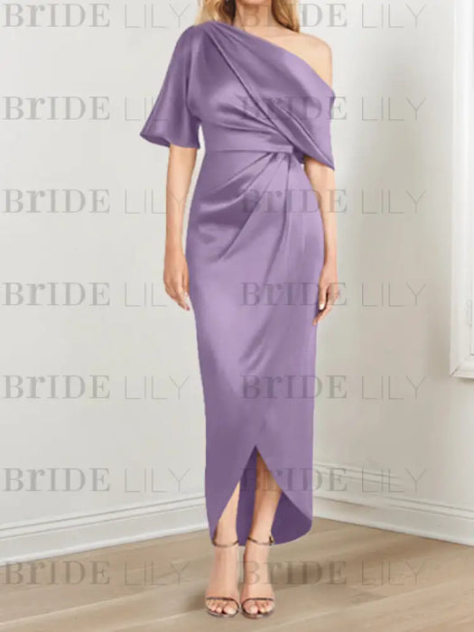 Wisteria mother of the bride satin dress with draped shoulder and knot