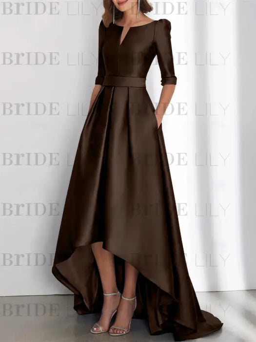 Chocolate mother of the bride satin dress with pockets and high low hem