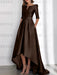 Chocolate mother of the bride satin dress with pockets and high low hem